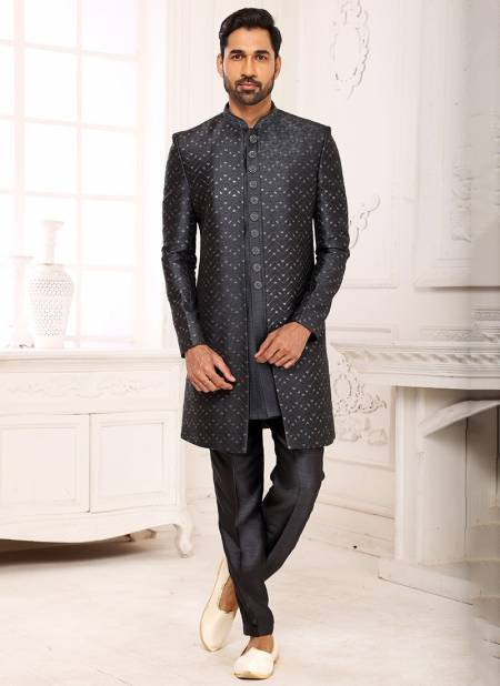 Dark Gray Colour Party Wear Jacquard Nawabi Indo Western Collection 1131